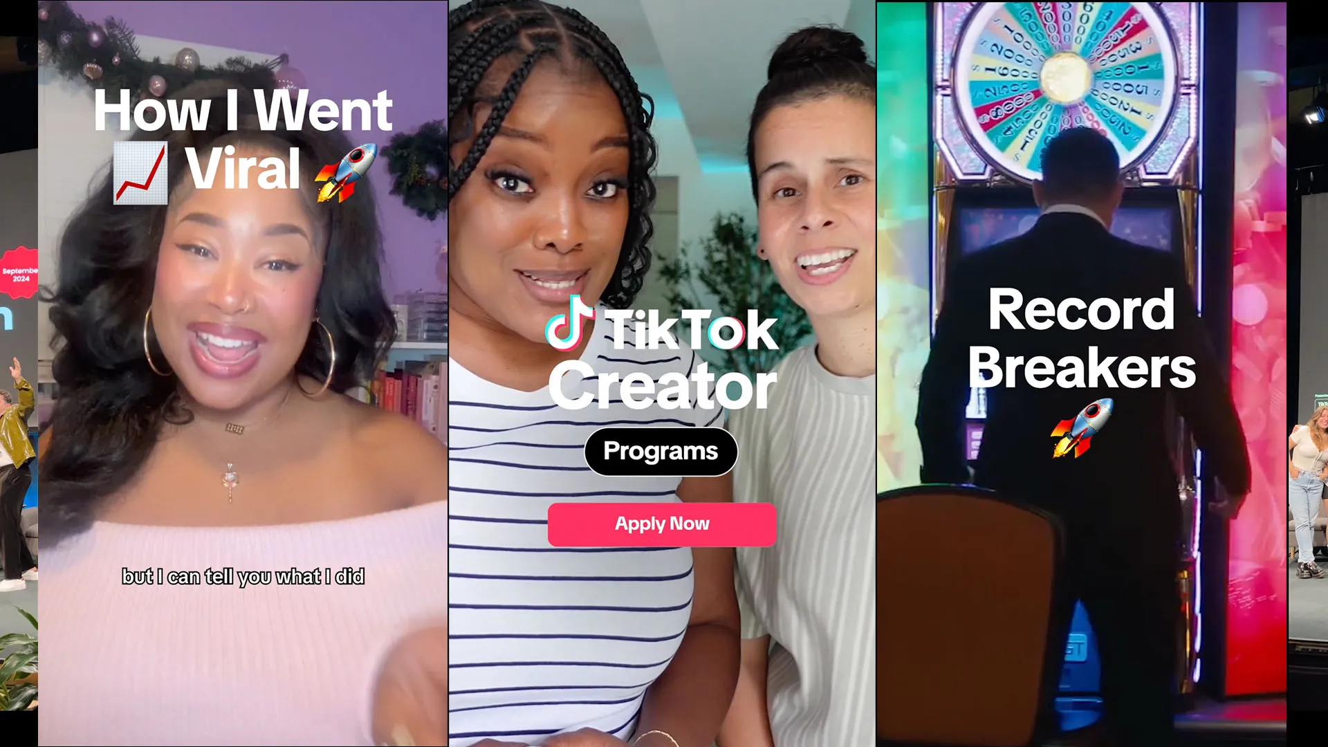 Three vertical video frames with bold on-screen titles, including "How I Went Viral" and "Record Breakers".